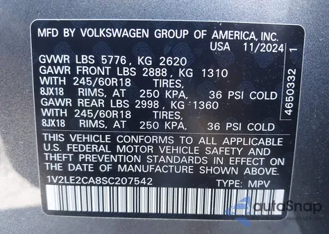 2025 Volkswagen Atlas Cross Sport 2.0T Se z USA, uszkodzony, nr VIN 1V2LE2CA8SC207542